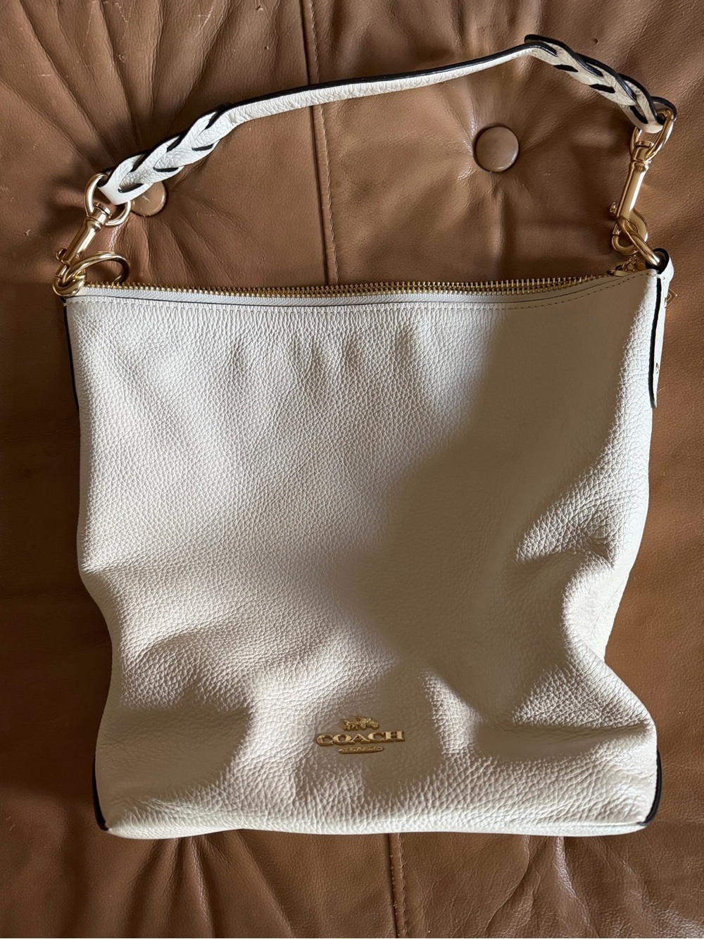 Coach Cream Pebbled Leather Shoulder Bag with Braided Strap